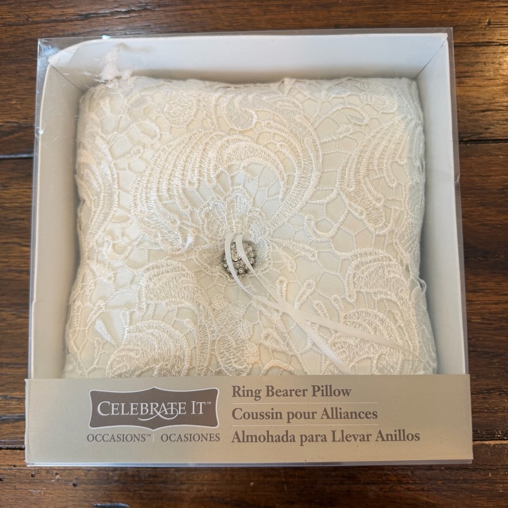 Celebrate It Ivory Lace Ring Bearer Pillow with Floral Button